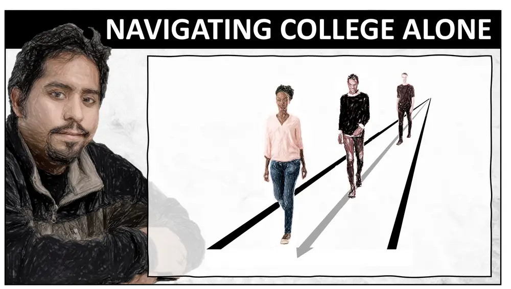 Navigating college alone: three students walking separately along diverging paths.